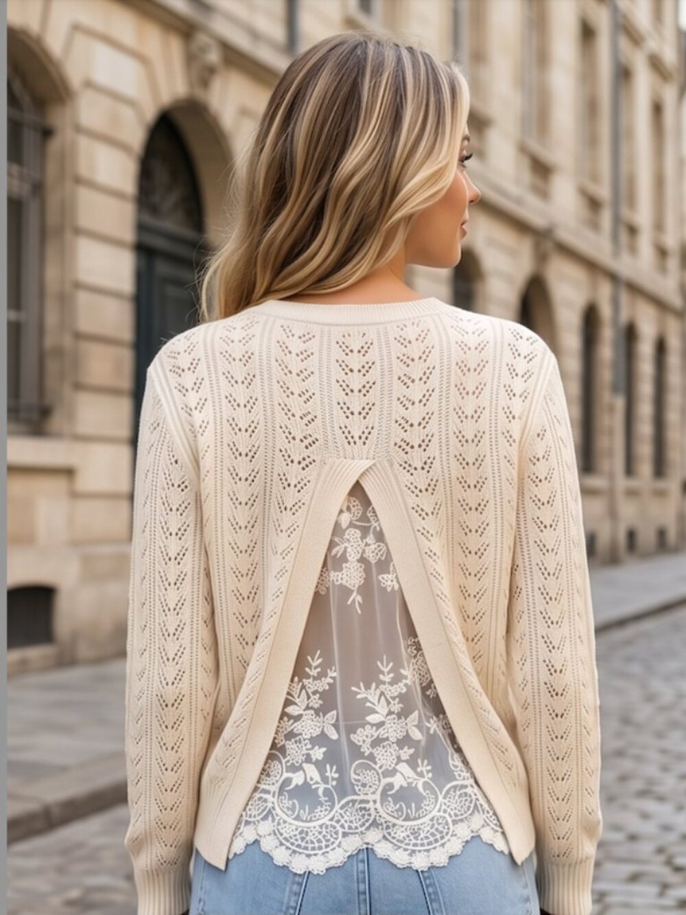 Cream Pointelle Knit Split Back Sweater – Sheer Floral Lace Inlay Pullover